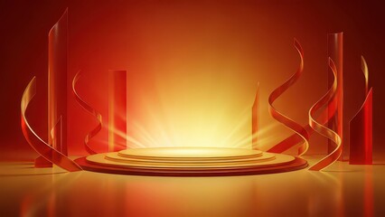 A glowing circular podium with abstract red and orange elements on a vibrant gradient background.
