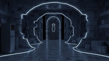 A futuristic dark corridor with glowing blue neon archways and a keyhole portal.