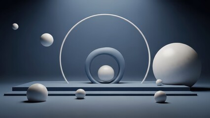 A minimalist 3D render featuring various white spheres and concentric blue rings on platforms against a soft blue background, creating an abstract geometric composition.