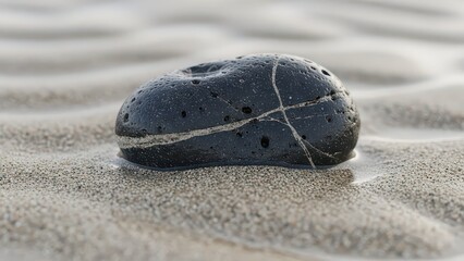 A dark, smooth pebble with white veins resting on wet, rippled sand.