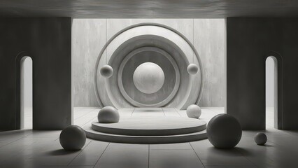 A minimalist grayscale architectural scene with a central circular stage, concentric rings, and floating spheres, creating a futuristic abstract design.