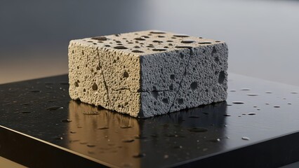 A close-up shot of a porous grey block with water droplets on its surface, resting on a reflective black table, showcasing its texture and interaction with liquid.
