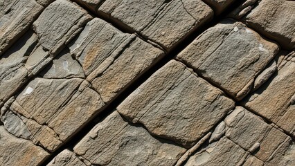 Close-up view of natural rock formations showing distinct cracks and weathered layers in earthy tones.