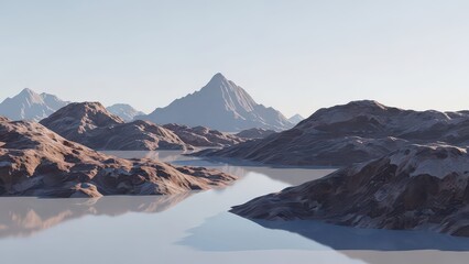 A serene landscape featuring rugged mountains and hills reflected in calm, light-colored water under a clear sky.