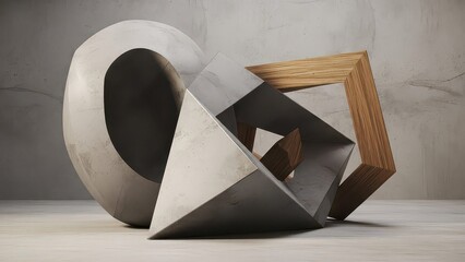 Abstract composition of geometric shapes including a concrete oval, a polyhedron, and a wooden square frame on a minimalist background.