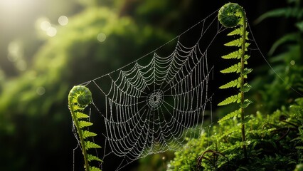 Intricate spiderweb adorned with morning dew drops stretched between two vibrant green fern fiddleheads in a lush forest setting.