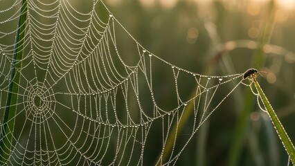 Close-up of a delicate spiderweb adorned with morning dew drops, glistening in the soft natural light, with a small insect on a blade of grass.