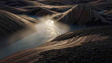 Abstract landscape with glowing central valley and textured rolling hills under soft light.