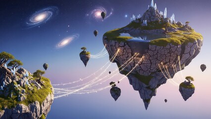 Fantasy landscape with multiple floating islands connected by glowing energy paths under a cosmic sky with visible galaxies.