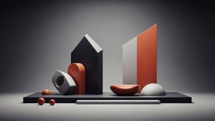 Modern abstract geometric composition with minimalist shapes in black, white, and terracotta on a dark platform, showcasing contemporary design and artistic arrangement.