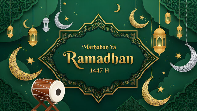 Ramadan greeting card. Greetings Marhaban Ya Ramadhan 1447 H. with an elegant green and yellow color theme and mosaic, moon, and lantern ornaments.