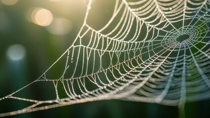 Close-up of a delicate spiderweb covered in morning dew drops, glistening in soft sunlight with a blurred green background.