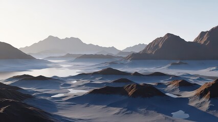 A breathtaking panoramic view of a misty mountain range and valleys at dawn, with soft light illuminating the layered landscape.