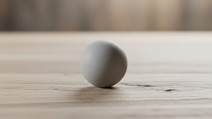 A single white egg stands upright on a light wooden table with a blurred background.