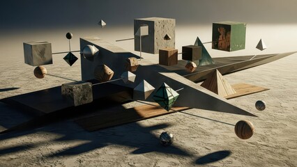 An intricate abstract composition of various geometric shapes and materials floating in a conceptual space with dramatic lighting and shadows.
