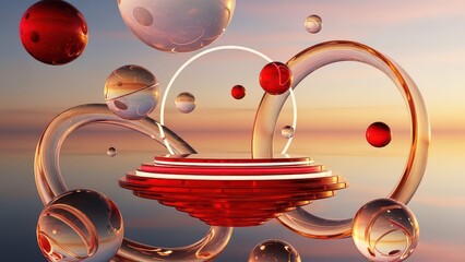 Abstract 3D render with a red and white podium surrounded by transparent spheres and rings against a sunset sky.