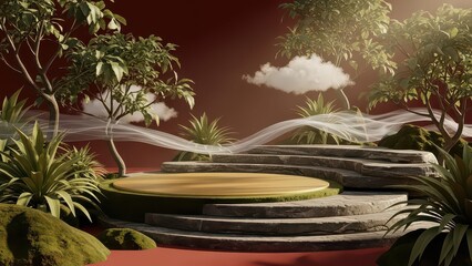 A serene natural product display stage with a wooden podium, stone steps, lush greenery, and wispy clouds against a reddish background.