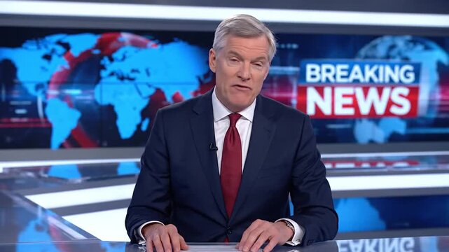 Breaking News Anchor Reporting Live in Studio with World Map Background