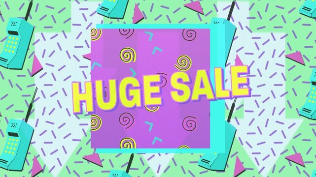 Pattern filling frame, purple panel emerging, yellow HUGE SALE sliding and scaling, promoting sale