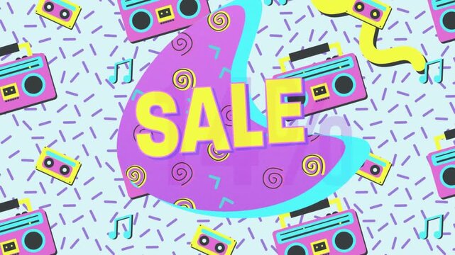 Light-blue corner wipe pulling away, purple graphic sliding in, revealing SALE text, promoting sale