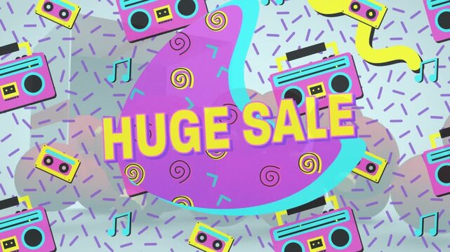 Pattern cue causing purple shape sliding, yellow HUGE SALE text growing retro parts promoting sale