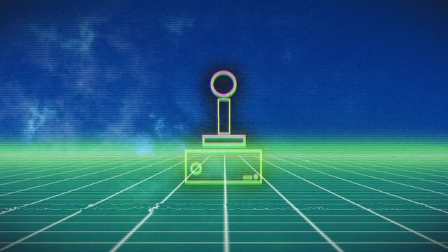 Neon object emerging as brackets sparking, post rising, ring forming, glitch clearing for targeting