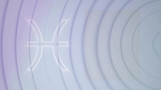 Pisces neon-outline being traced by light stroke, forming, pulsing, hues shifting, revealing logo