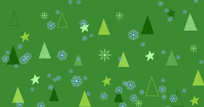 Blue flakes entering top-left drifting clustering looping over green motif for holiday background