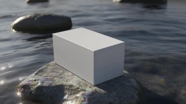 A serene white rectangular box on a rugged rock in the calm waters of a lake or river, captured from a slightly elevated viewpoint