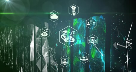 Camera pulling back, central globe hexagon glowing while nearby hex icons forming network interface - Powered by Adobe