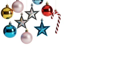 Modern gold, pink, and blue christmas ornaments hanging on a transparent background with copy space. Minimalist festive decoration concept