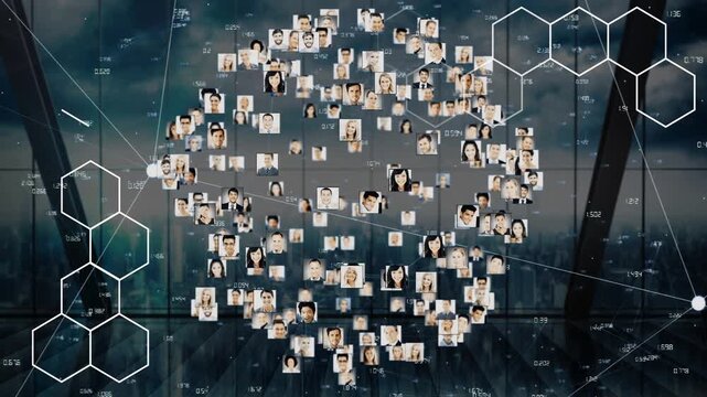 Playback starting, business portraits shifting into circular cluster, hex grid mapping network data