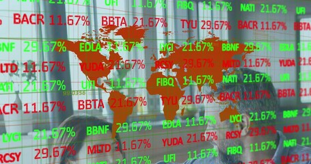 Team pointing, analyzing business data update on glass screen with orange map and tickers for biz