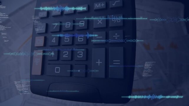On play, calculator lifting and rotating while HUD waves sliding over keys, visualizing live data