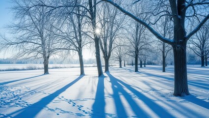 Photorealistic winter solstice scene with snowy forest, sunlight breaking through bare branches, quiet cinematic mood, natural light