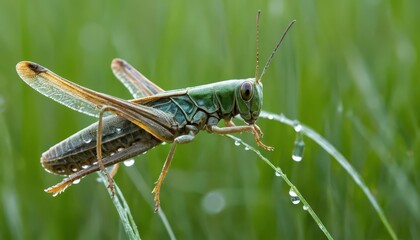 Fototapeta premium Grasshopper perched on dewy grass blade, basking in morning light. Macro wildlife photography, nature detail in vibrant green hues.