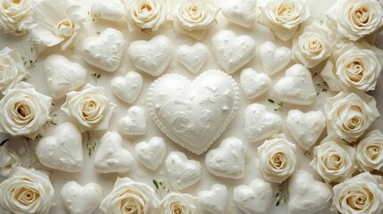 Ornate pearl-bordered heart centerpiece surrounded by ivory roses and textured love tokens. Cloud Dancer 2026 celebration frames devotion through symmetrical arrangement of refined elements.