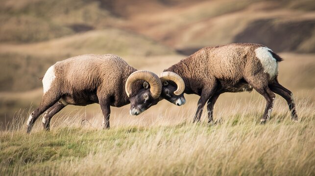 contenders. Two rams facing off on a grassy hillside before a clash. wildlife magazines, conservation campaigns, designed for wildlife conservation campaigns, used by government communicators.