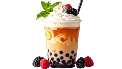 Creamy bubble tea with boba, fruit, and whipped cream, presented in a clear cup