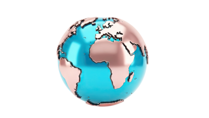 3D Globe with Metallic Continents and Blue Oceans