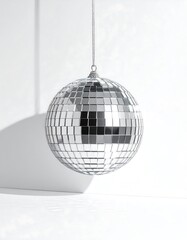 Shiny disco ball hanging against white
