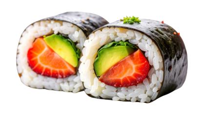 Close-up of two sushi rolls with strawberry, avocado, and seaweed wrapping