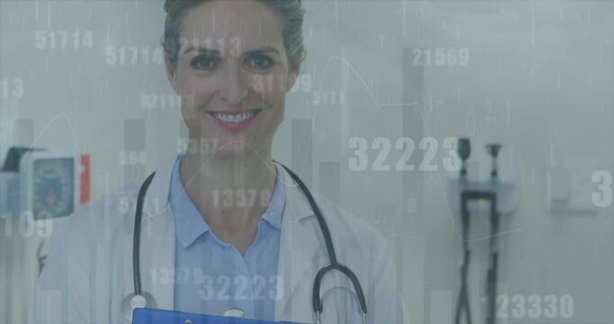 Clinician lowering blue clipboard as camera pulling back, showing medical data with drifting graphs