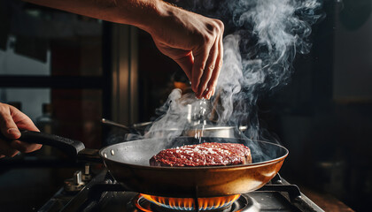 Thick Beef Steak being seasoned dramatically with salt and smoke, perfect for restaurant menu design, cooking blog headers, culinary advertising, and high-end food editorials