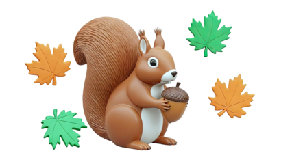 3D Render of a Cute Squirrel Holding an Acorn with Autumn Leaves