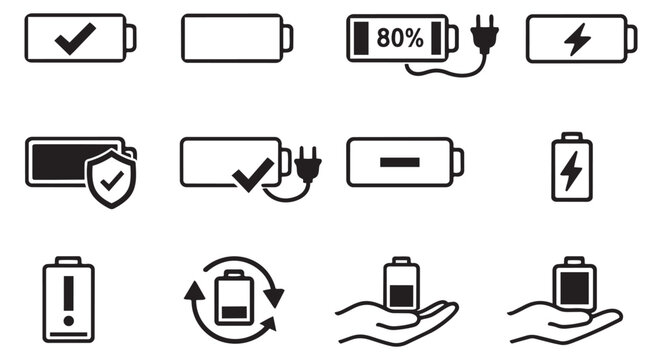 Line art battery icons set featuring charge levels, charging, and power status for mobile applications and user interfaces