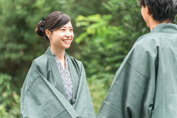 A couple in yukata on a hot spring trip