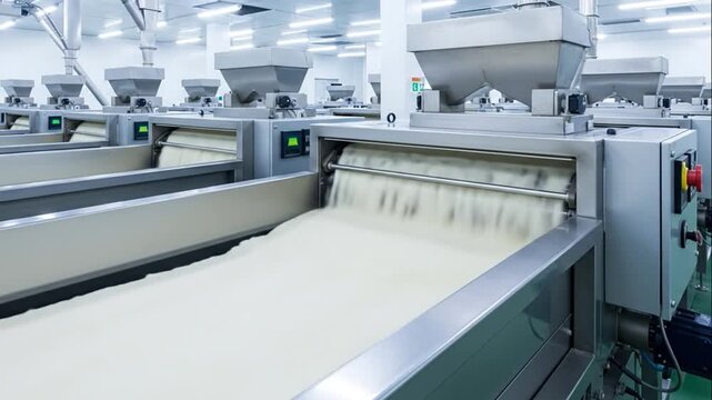 Automated Food Production Line: Dough Sheet Extrusion in a Modern Factory