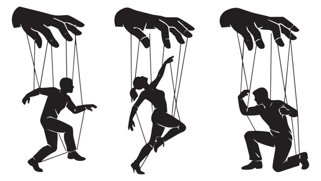 Graphic manipulation concept set featuring human silhouettes controlled by puppeteer hands for illustrating concepts of control and dependency