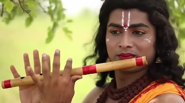 Man in costume plays flute outdoors.
